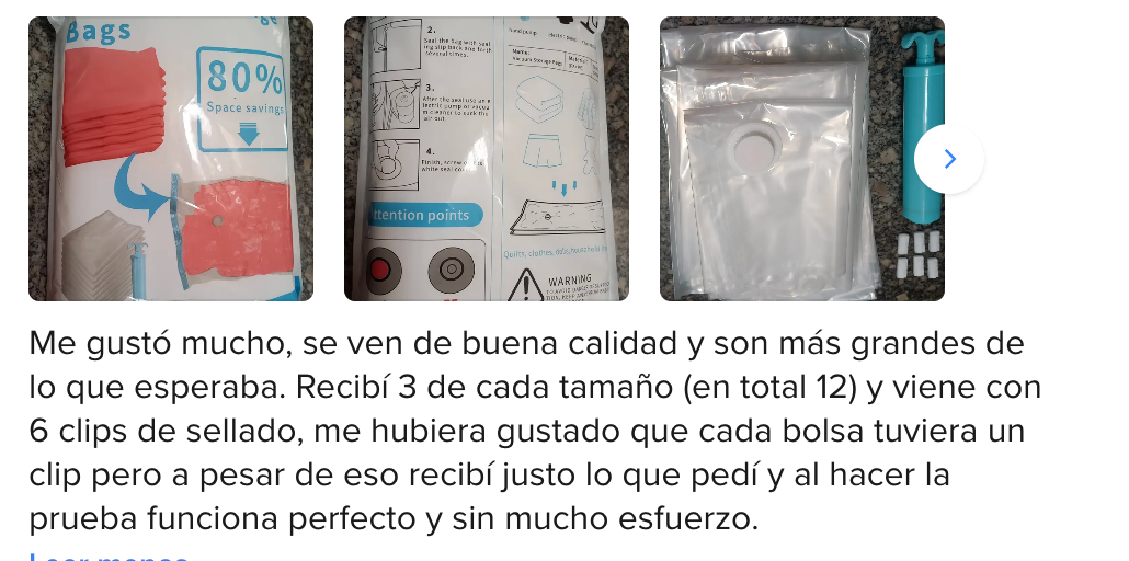 Bolsas de compresión y bomba manual compartidas por una usuaria